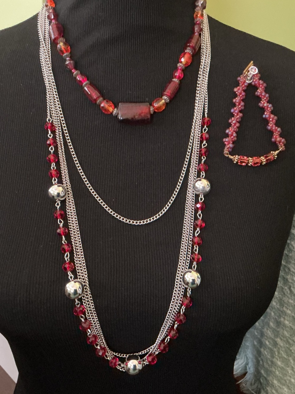 4 Piece Set. 2 Red Glass Beaded Necklaces 1 Silver Chain and 1 Matching Bracelet